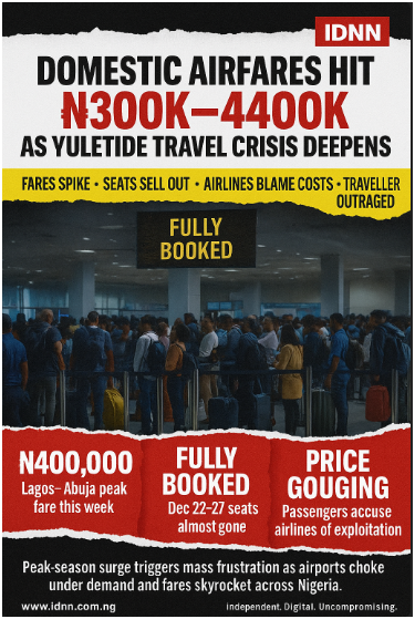 Domestic Airfares Soar to ₦300k–₦400k as Yuletide Travel Crisis Deepens Across Nigeria