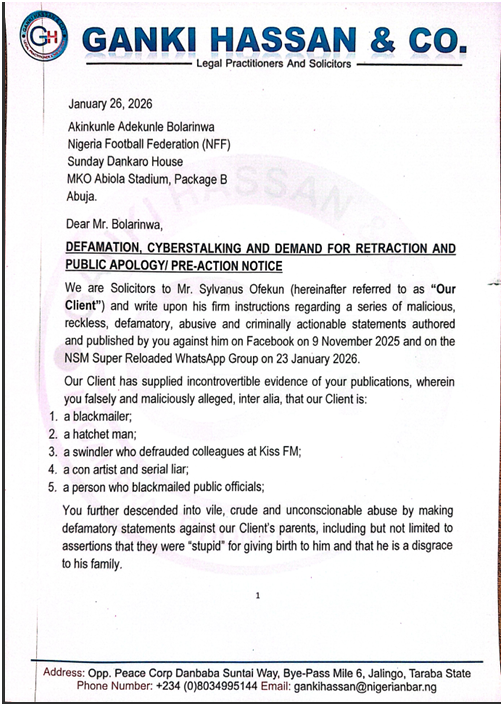 pre-action notice defamation Nigeria