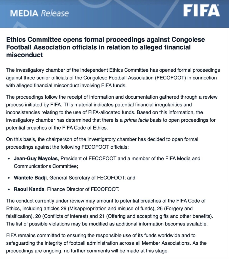 FIFA ethics proceedings against FECOFOOT officials
