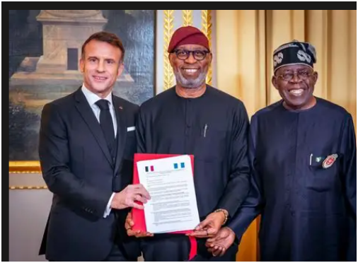 R-LPres Tinubu Of Nigeria , Dele Alake, Pres Macron of France