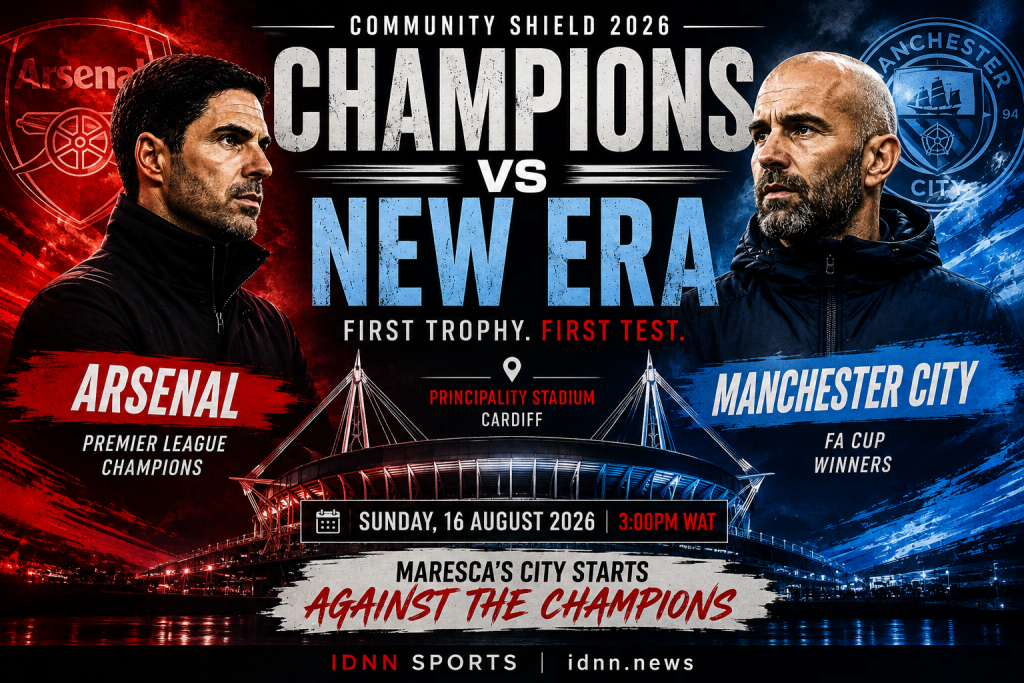 Arsenal face Manchester City in the 2026 Community Shield at Principality Stadium in Cardiff