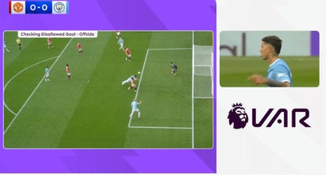 Blackfire-style Manchester derby VAR graphic highlighting controversy over Erling Haaland’s winning goal.