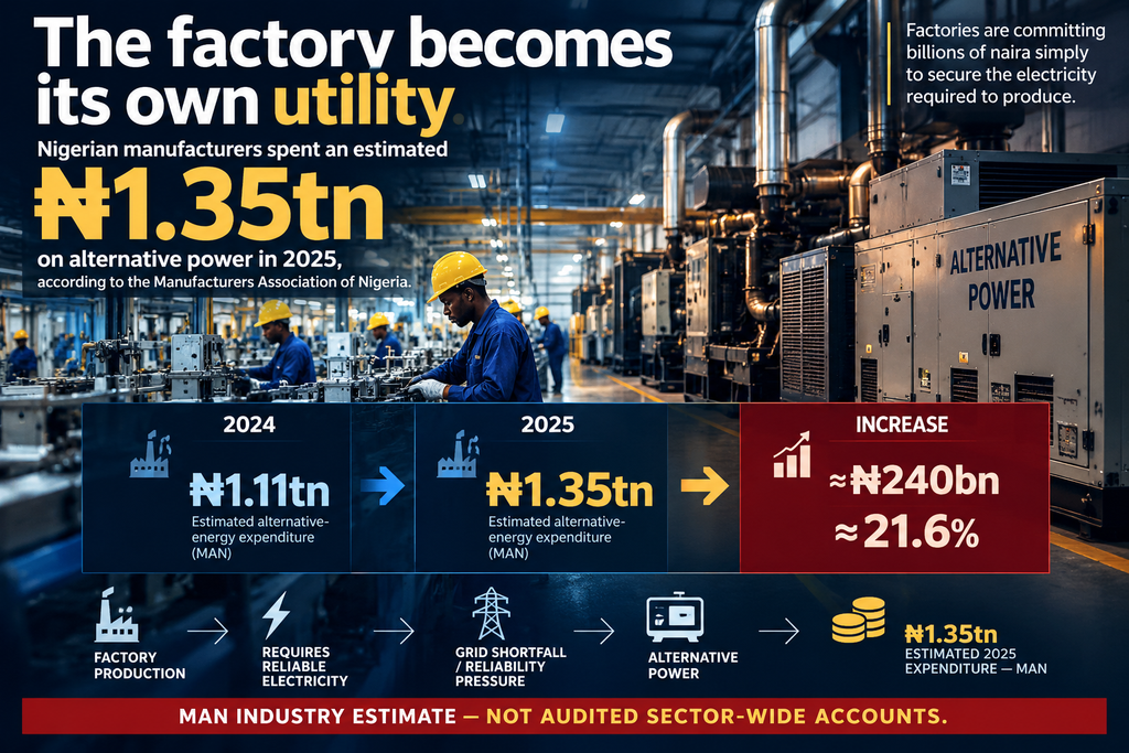 Industrial production floor showing factory machinery and alternative-power infrastructure, alongside MAN's estimated increase in manufacturers' alternative-energy expenditure from ₦1.11tn in 2024 to ₦1.35tn in 2025.